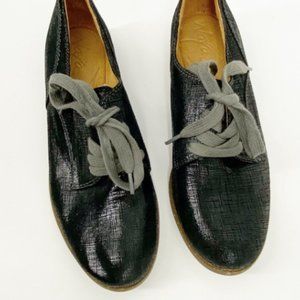 French style Naya Black metallic leather timber lace up Oxford
